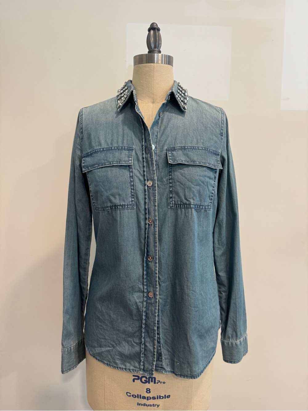 MICHAEL Michael Kors Light Blue Denim Button-Down Shirt with Embellished Collar